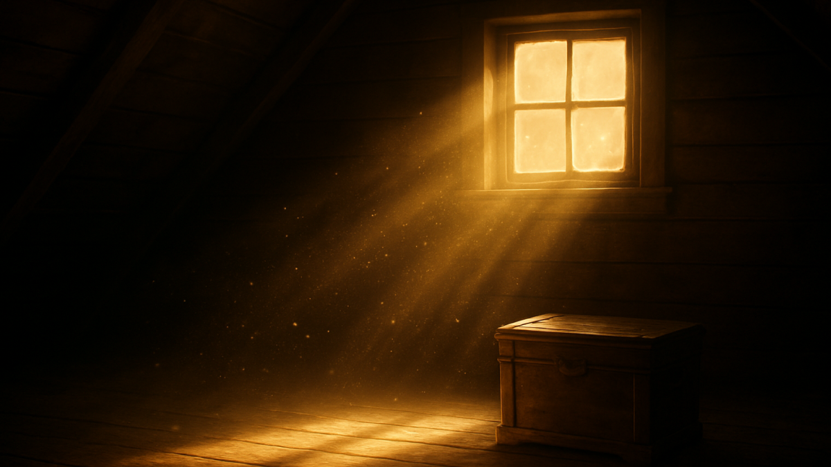 夕暮れの屋根裏部屋に差し込む光と、舞い上がる埃のイメージ