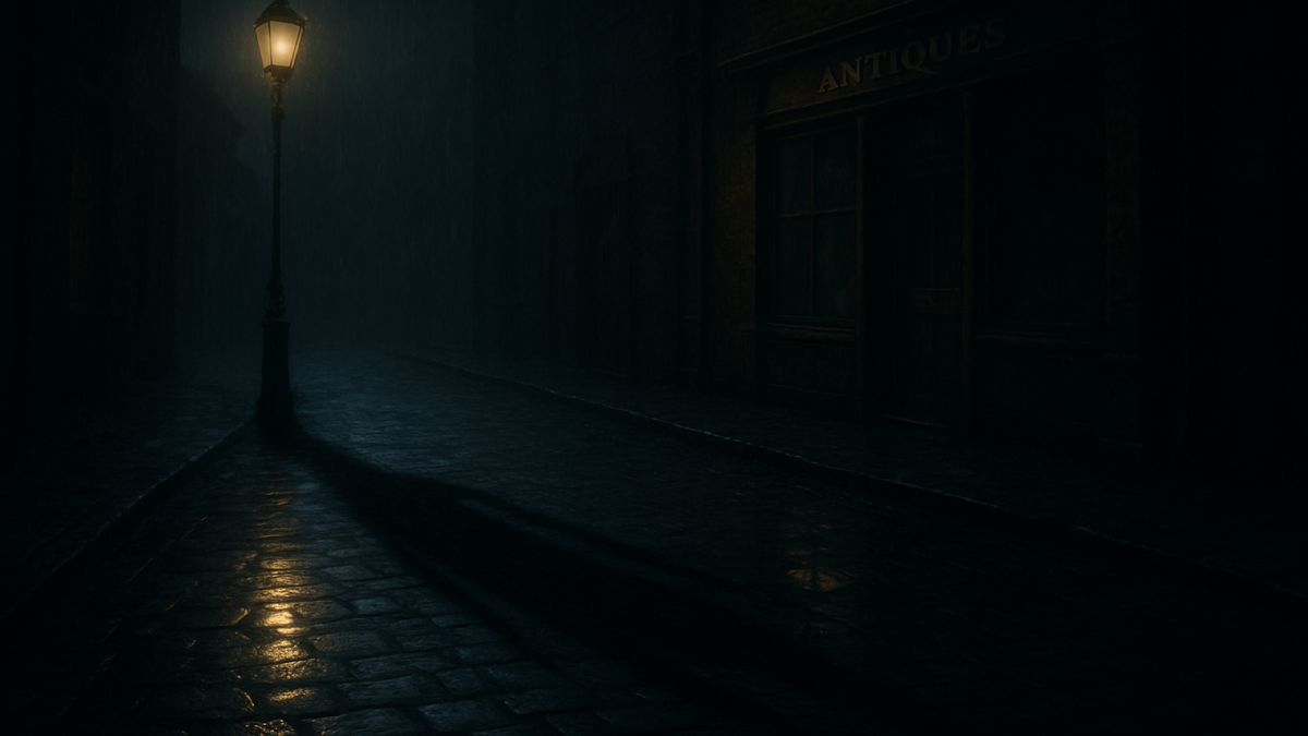 不気味な影が伸びる路地裏と、古びたアンティークショップのイメージ