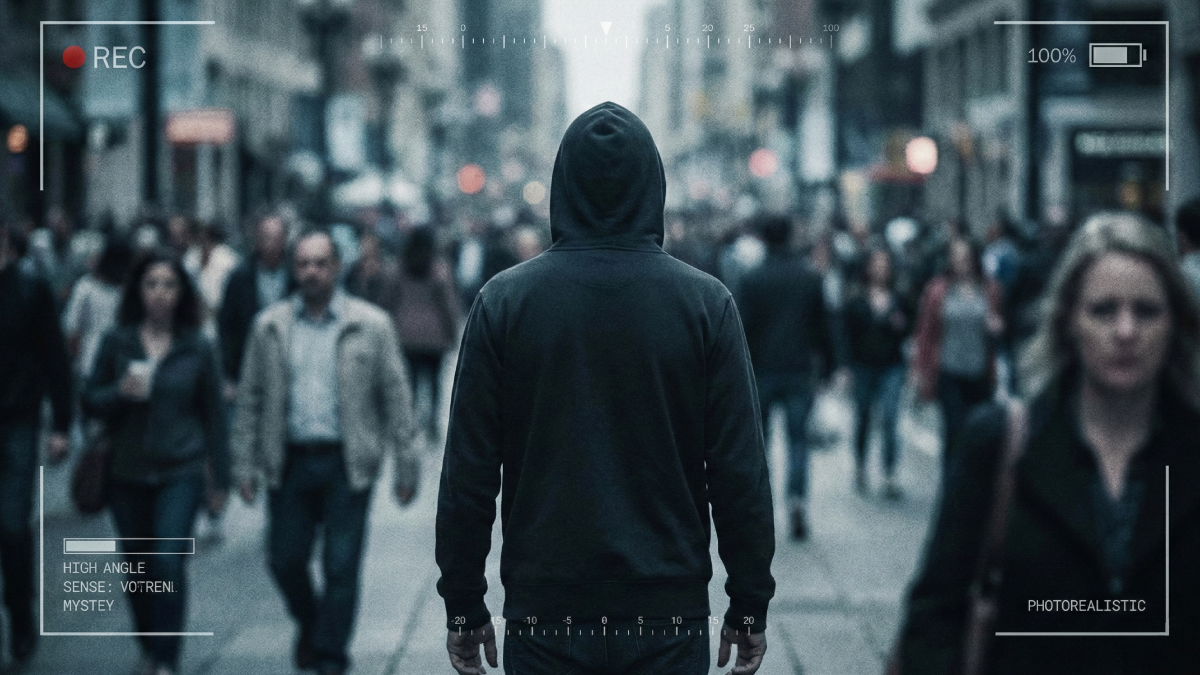 監視カメラの映像越しに、雑踏の中を一人で歩き去る男の後ろ姿のイメージ