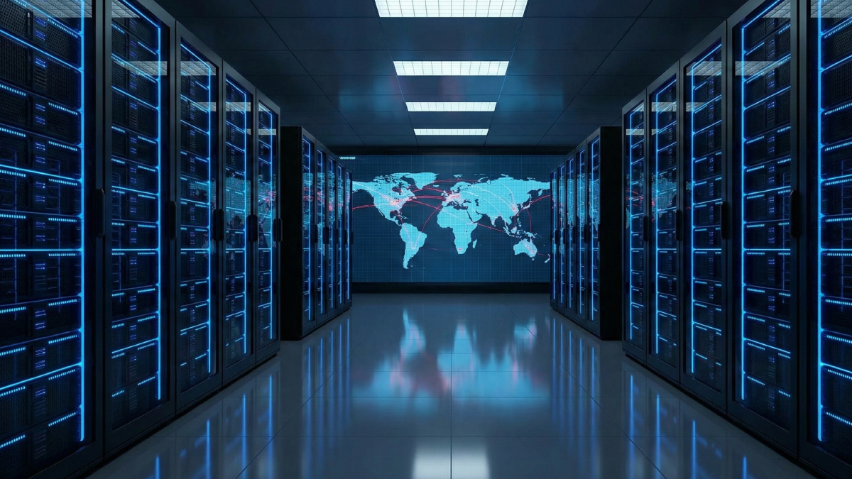 無機質なサーバールームの冷たい光と、モニターに映る世界地図のイメージ