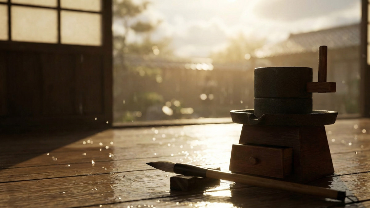 雨上がりの縁側に置かれた文箱と薬研。差し込む光に濡れた板が静かに光る