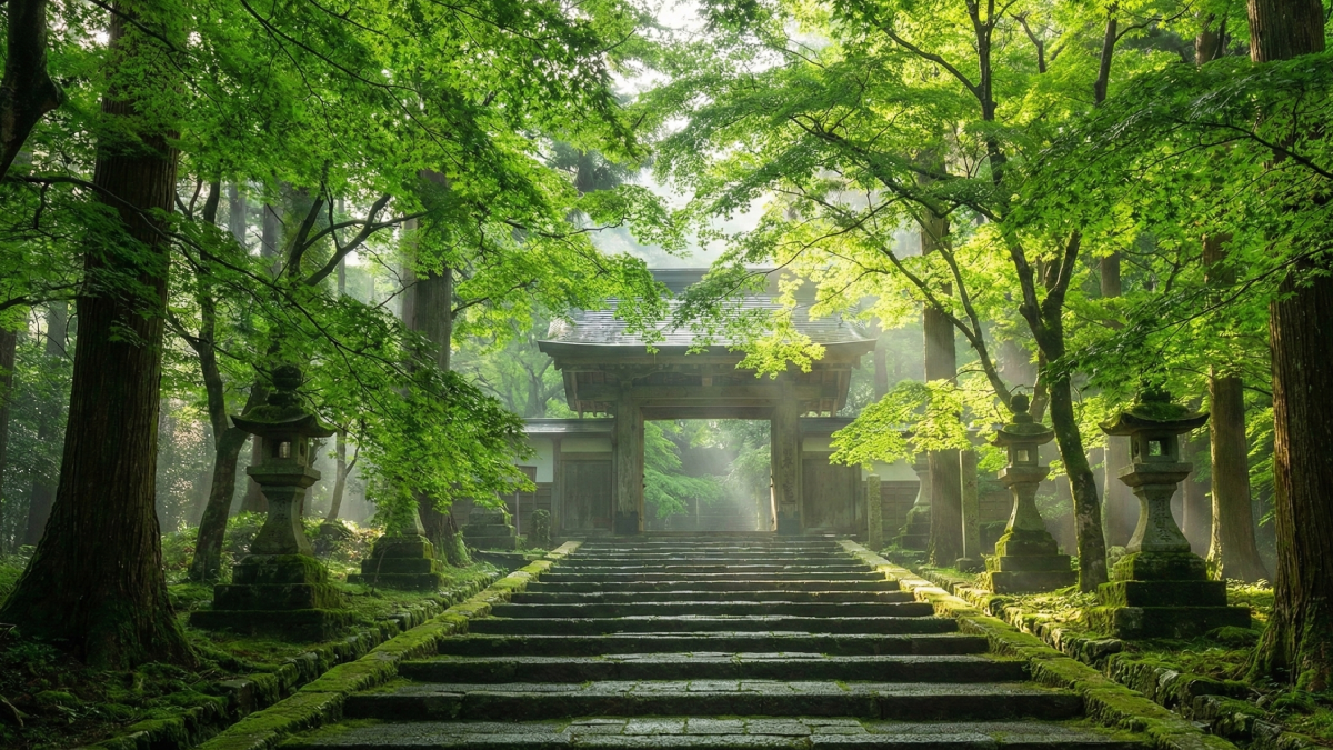 鎌倉・東慶寺を思わせる緑豊かな石段と、木漏れ日が差し込む静かな境内のイメージ