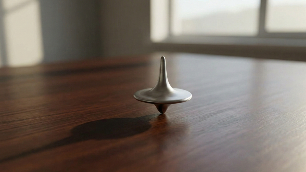 静まり返った部屋のテーブルの上で、光を反射しながら回り続ける独楽のイメージ