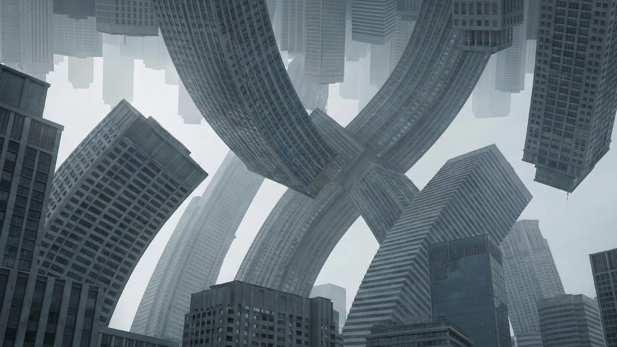 重力がねじ曲がり、迷宮のように入り組んだ巨大な都市の全景のイメージ