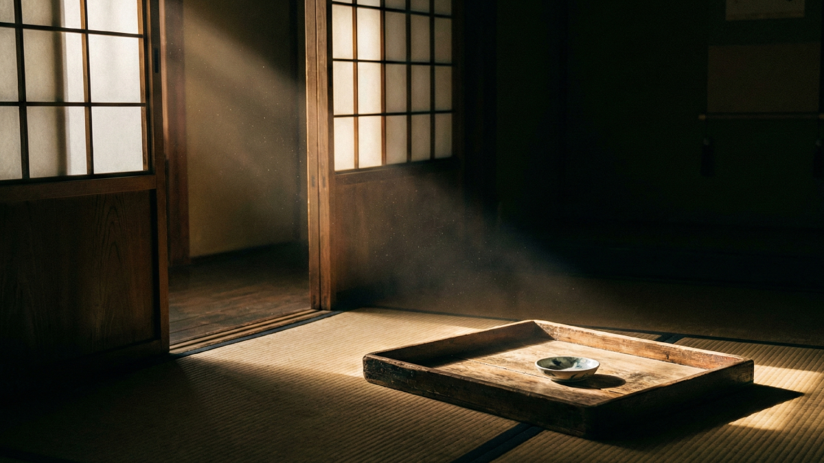 暗闇の中に一筋の光が差し込む、古びた日本家屋の縁側のイメージ