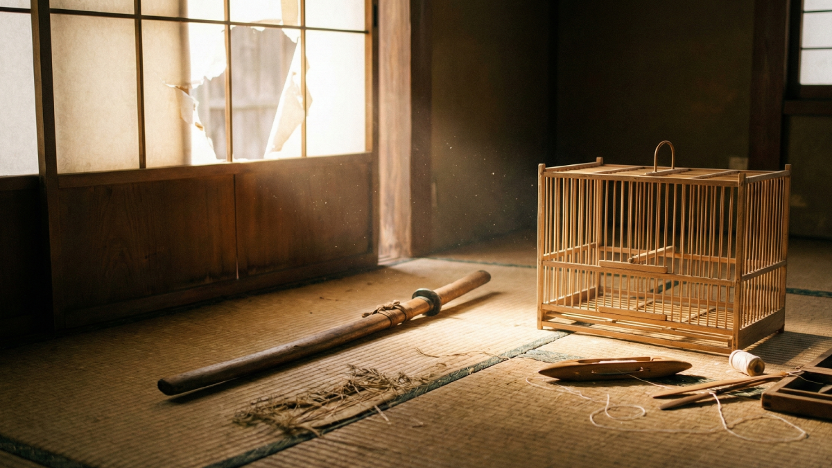 薄暗い部屋に置かれた一振りの小太刀と、その横に置かれた内職の道具のイメージ