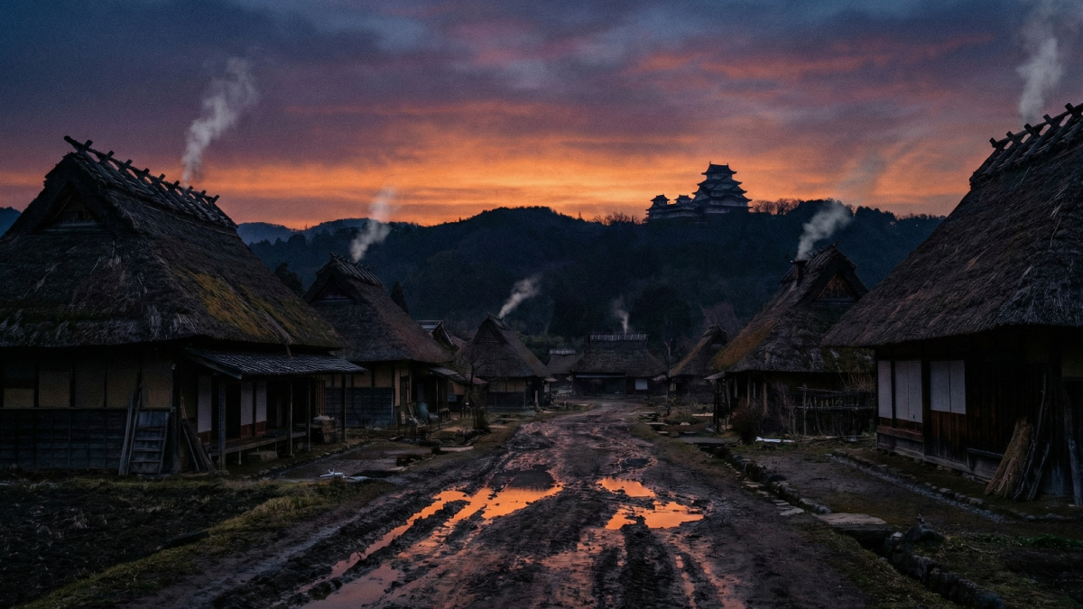 夕暮れ時の静かな農村風景。遠くに霞む山々と、湿り気を帯びた土の道のイメージ
