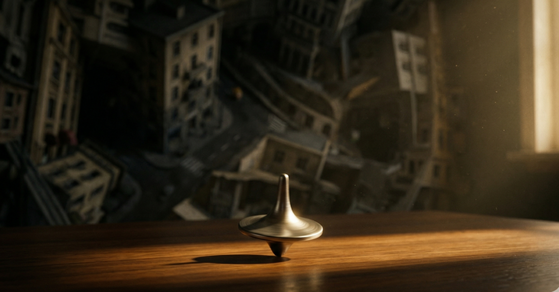 静まり返った部屋のテーブルの上で、光を反射しながら回り続ける独楽のイメージ