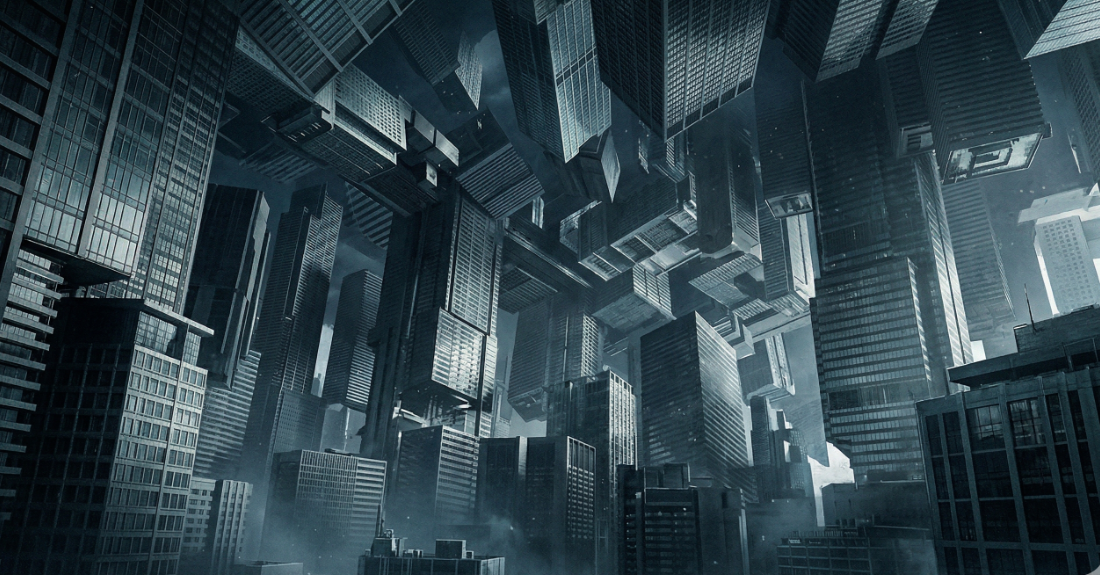 重力がねじ曲がり、迷宮のように入り組んだ巨大な都市の全景イメージ