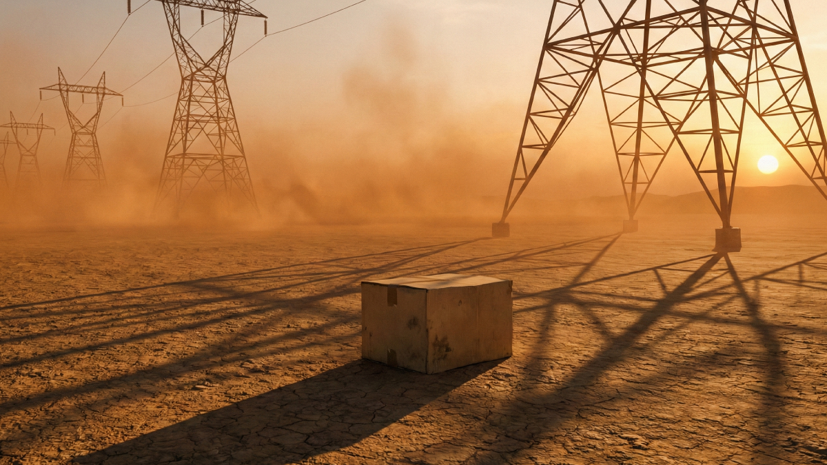 見渡す限りの荒野、送電塔が並ぶ不気味な風景の中にぽつんと置かれた段ボール箱のイメージ