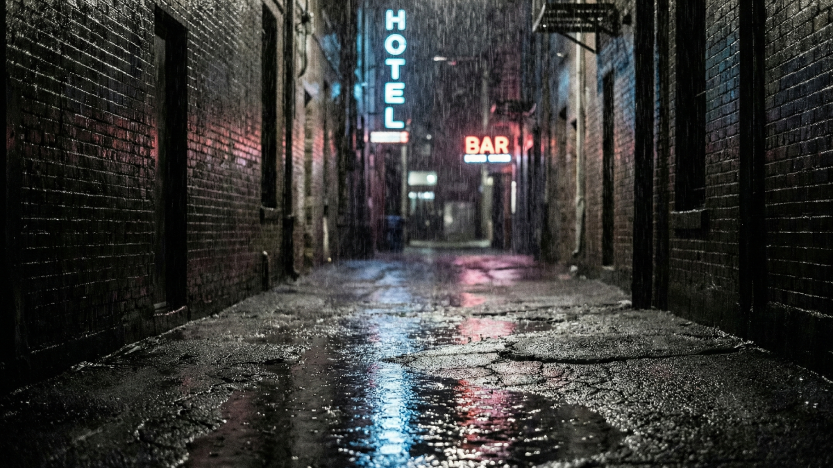 降り止まない雨の中、街灯の鈍い光が反射する濡れた路面と、遠くに霞む古いビルの影のイメージ