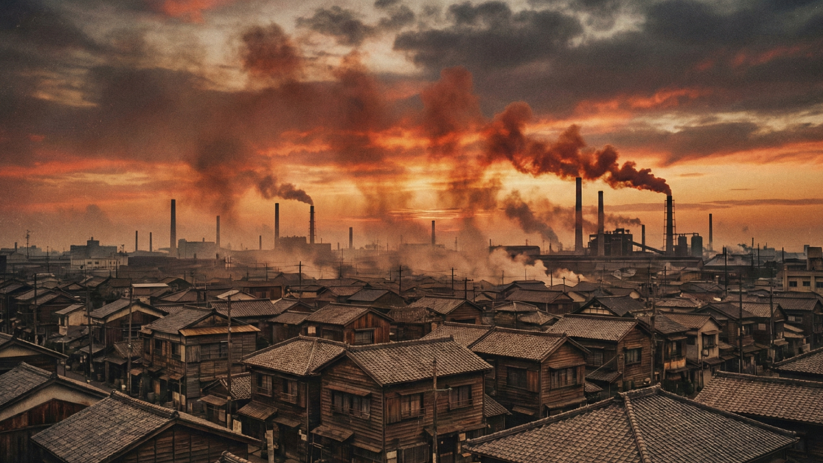 夕暮れ時の工場地帯、林立する煙突から吐き出される煙と赤い空のイメージ