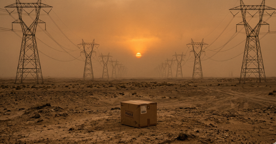 見渡す限りの荒野、送電塔が並ぶ不気味な風景の中にぽつんと置かれた段ボール箱のイメージ