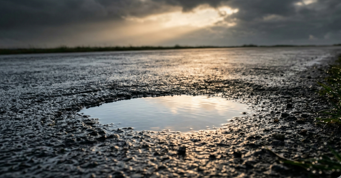 冷たい雨が上がった後に、雲の隙間からかすかに射し込む光のイメージ