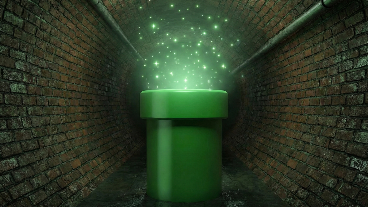 ブルックリンの地下で緑色の土管を見つけて驚くマリオとルイージ