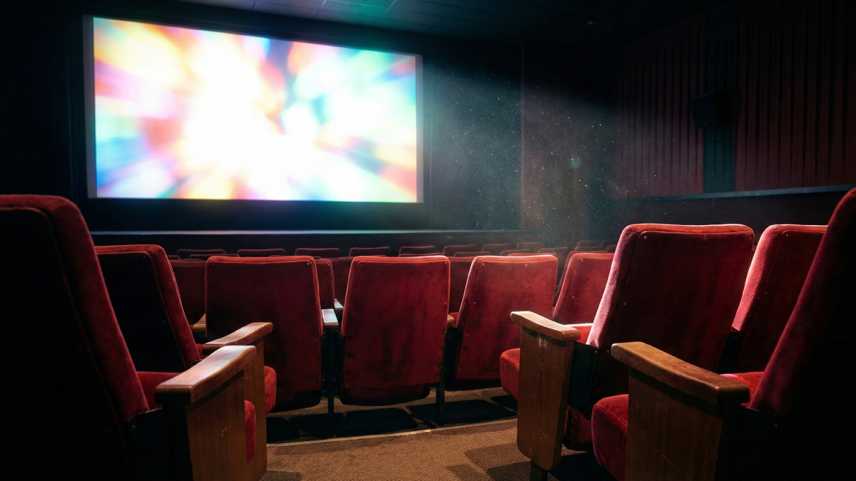 映画館の薄暗いシアター内でスクリーンを見上げる親子のシルエットと光の反射