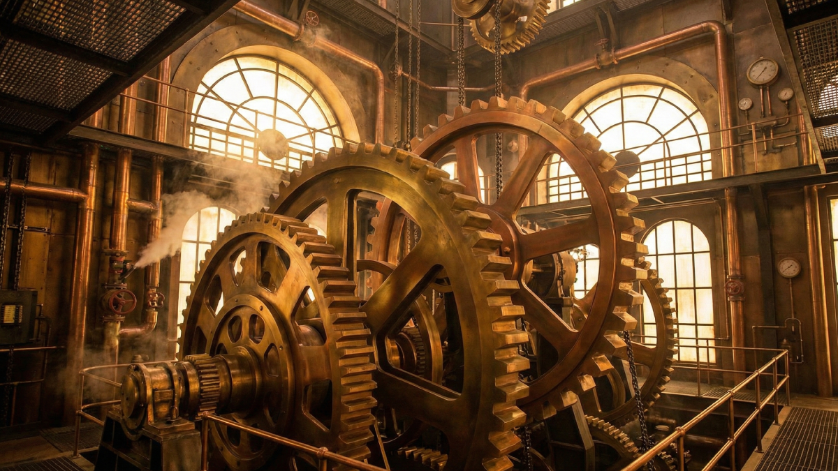 真鍮製の巨大な歯車やパイプが複雑に絡み合うスチームパンク風の時計台の内部構造を照らす黄金色の光