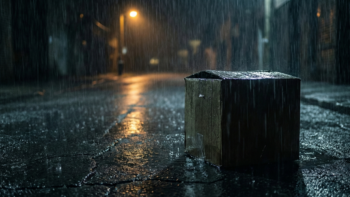 降り続く雨の中のダンボール箱