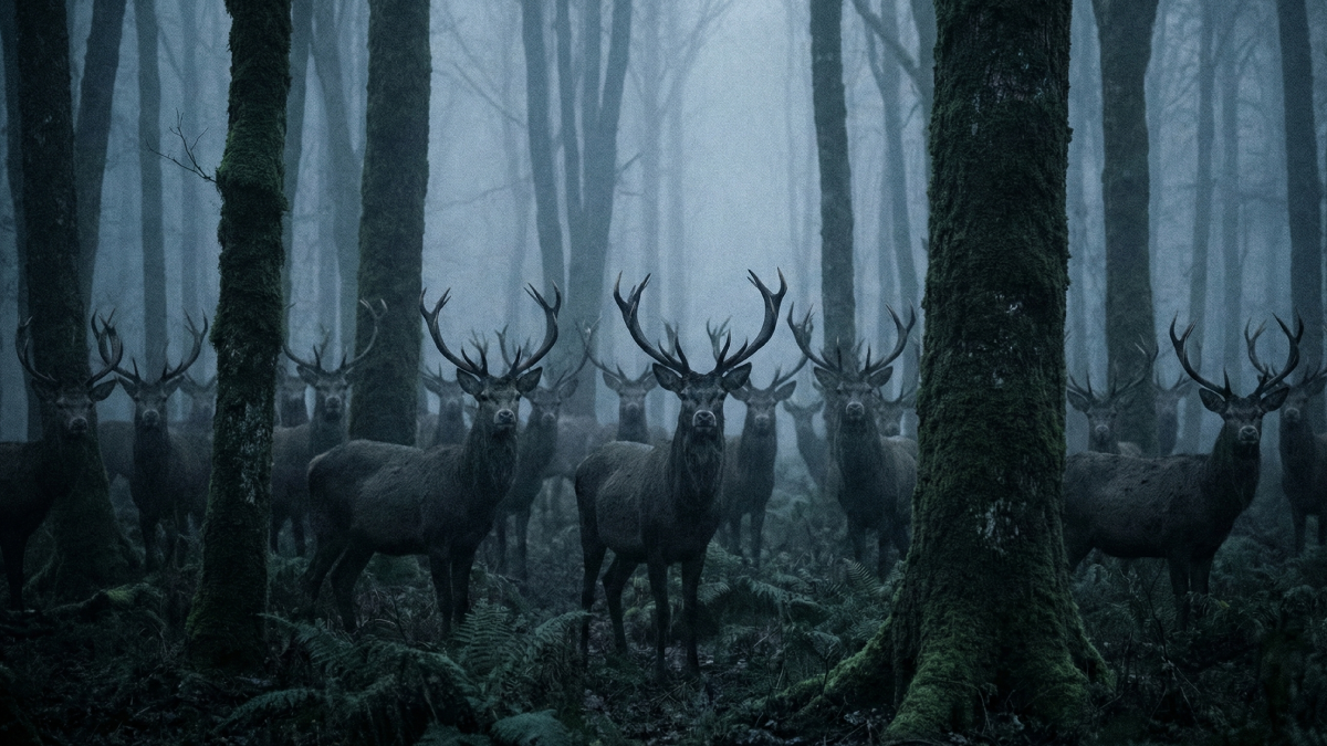 森の中に佇む大量の鹿