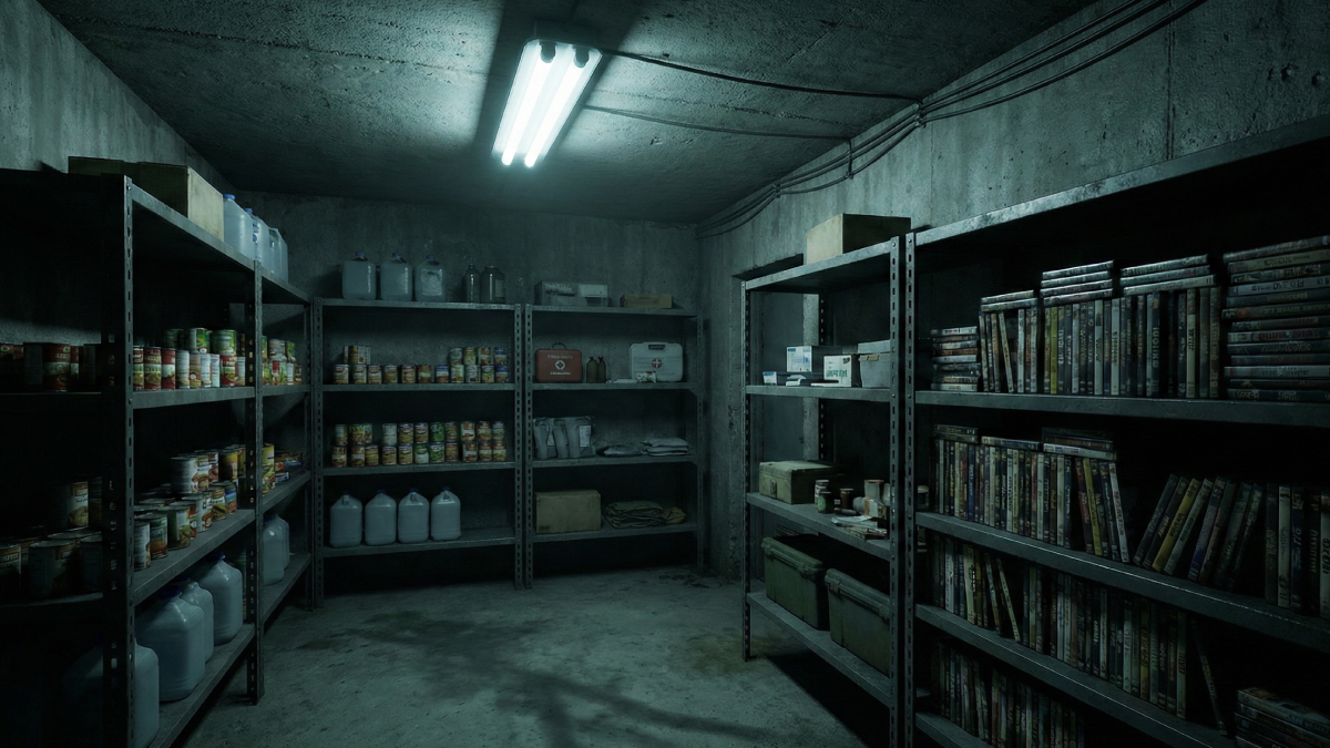 薄暗い地下シェルターに並ぶDVDの棚