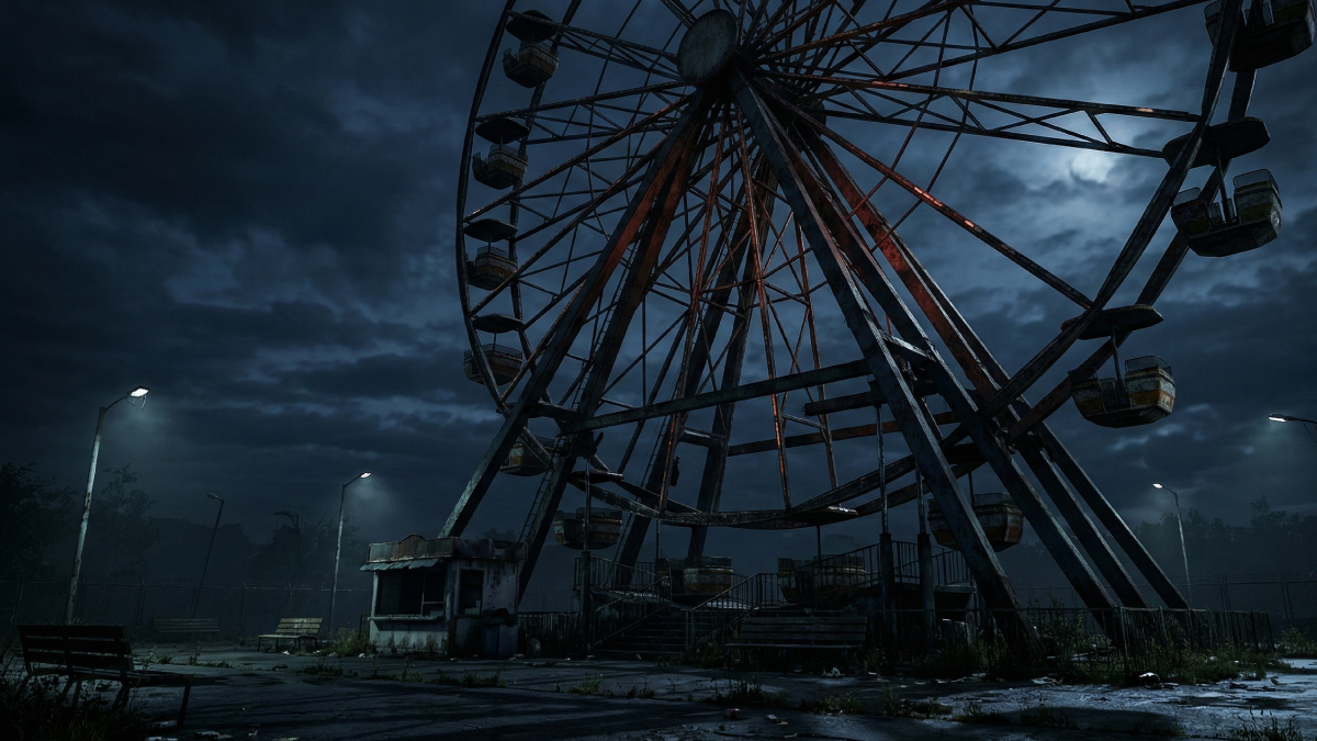 夜の遊園地と巨大な観覧車、ミステリーの始まりを予感させる風景