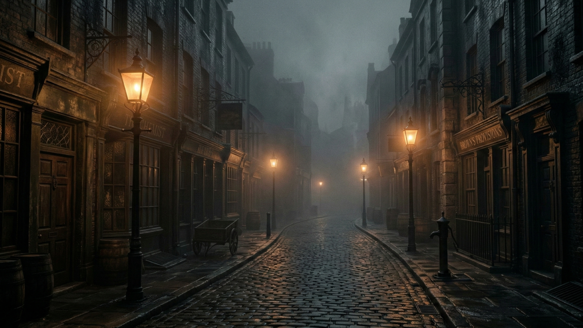 霧深い19世紀ロンドンの街並みと、ぼんやり光るガス灯
