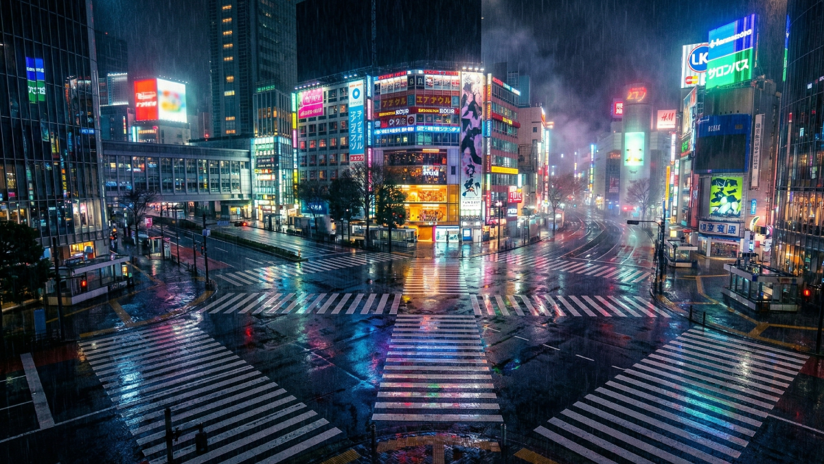 渋谷のスクランブル交差点を思わせる夜のネオン街と、雨に濡れたアスファルト