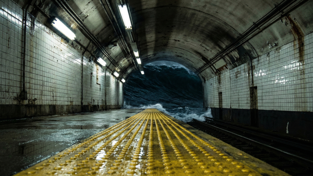 どこまでも続く無機質な地下通路の蛍光灯と黄色の看板