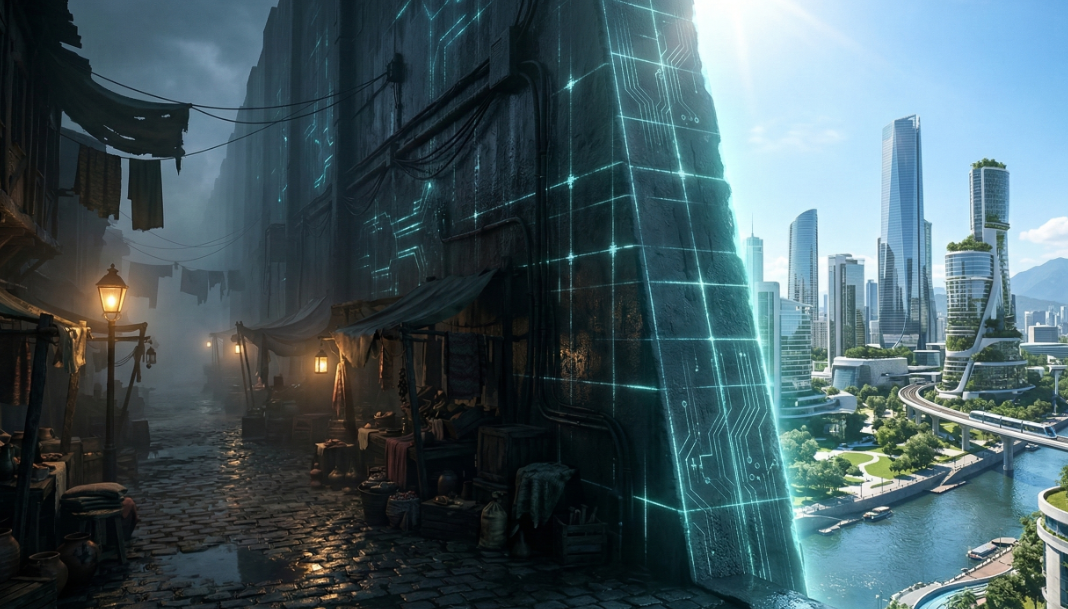 分断を象徴するような壁や、薄暗い路地裏、歴史を感じさせる古い記録などを暗示する風景イメージ