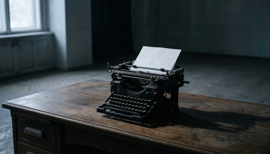 広大な空間でポツンとタイプライターに向かう後ろ姿など、孤立感とプレッシャーを暗示する風景