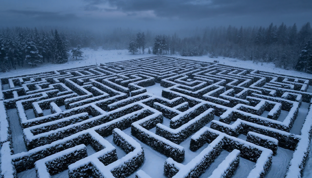 果てしなく続くホテルの廊下や幾何学的な模様のカーペットなど、空間の歪みと予期不安を表現する風景