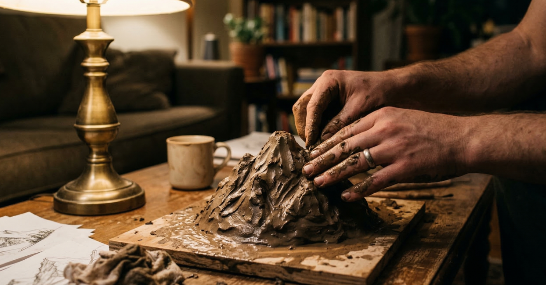 夜空を見上げる後ろ姿や、泥の造形物を思わせる静かなイメージ