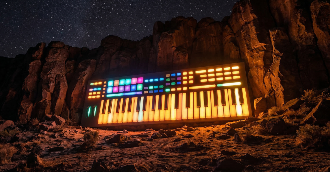 光のパネルやシンセサイザーの鍵盤を思わせる、神秘的で温かみのある抽象イメージ