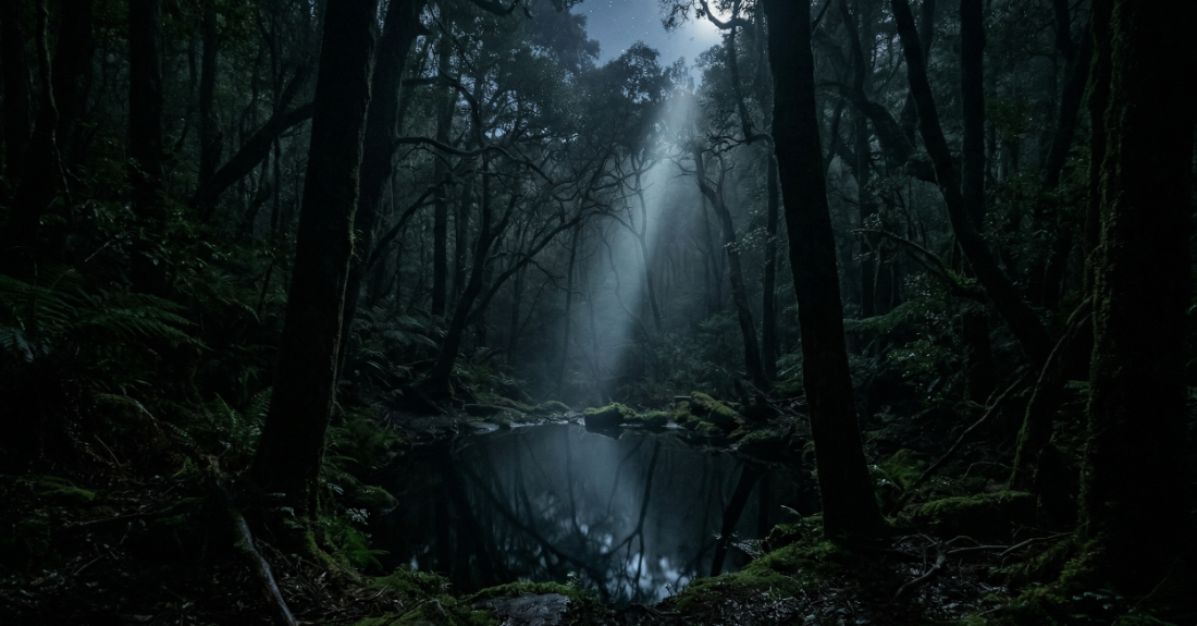 深い夜の森に差し込む一筋の月光