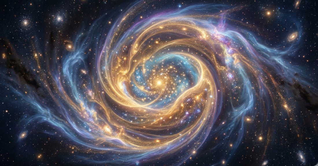 光り輝く星々や、新たな生命の誕生を暗示するような神秘的で温かみのある抽象的な光の風景