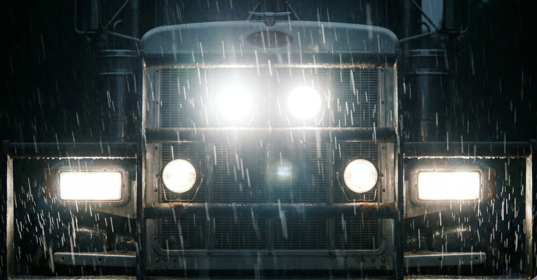 雨の夜道、暴力的な光を放ちながら迫るトラックのヘッドライト