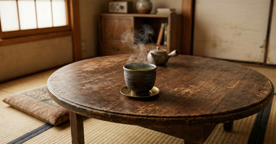 使い込まれたちゃぶ台と、湯気の立つお茶の風景