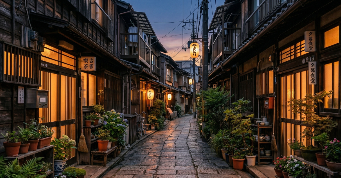 夕暮れの下町の路地、あるいは温かい灯りのともる家の窓辺