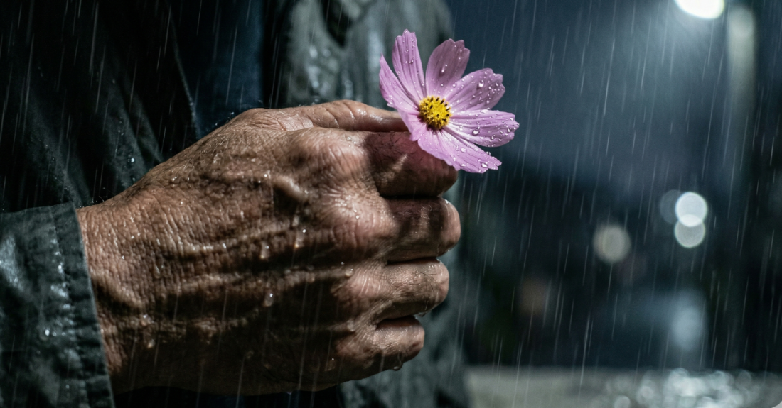 嵐の夜にコスモスを握りしめるイメージ