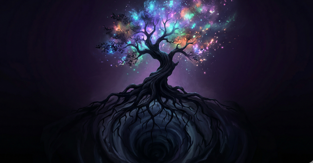 光と影が交差する神秘的な森のシルエット