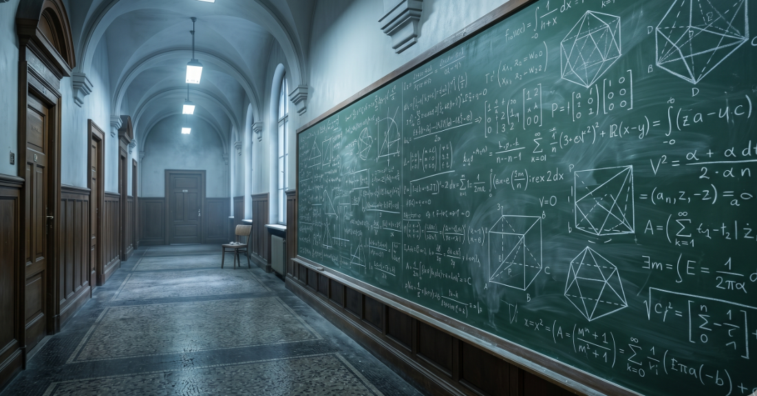 数学の難問に向き合うウィルの背中と、静まり返った大学の廊下