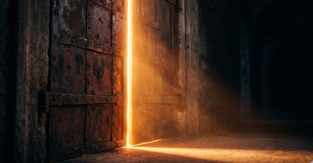 閉ざされた重い扉の隙間から、温かいオレンジ色の光が差し込んでいる様子