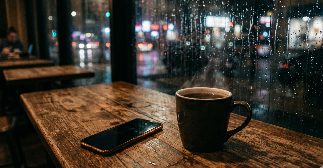 薄暗いカフェの窓辺に置かれた温かいコーヒーと、雨粒が伝う窓ガラス
