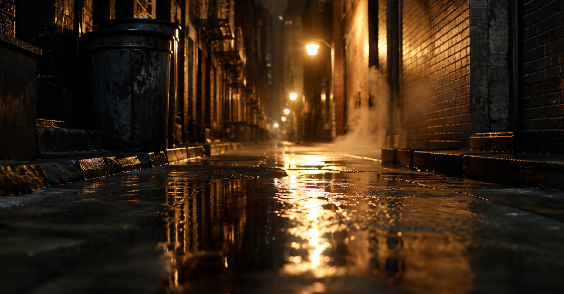 雨の路地裏にたたずむスパイダーマンのシルエット