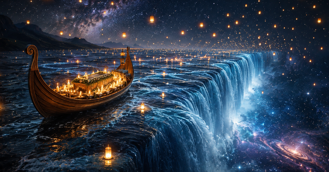 宇宙の深淵へと静かに流れていく神聖で神秘的な光の葬送船